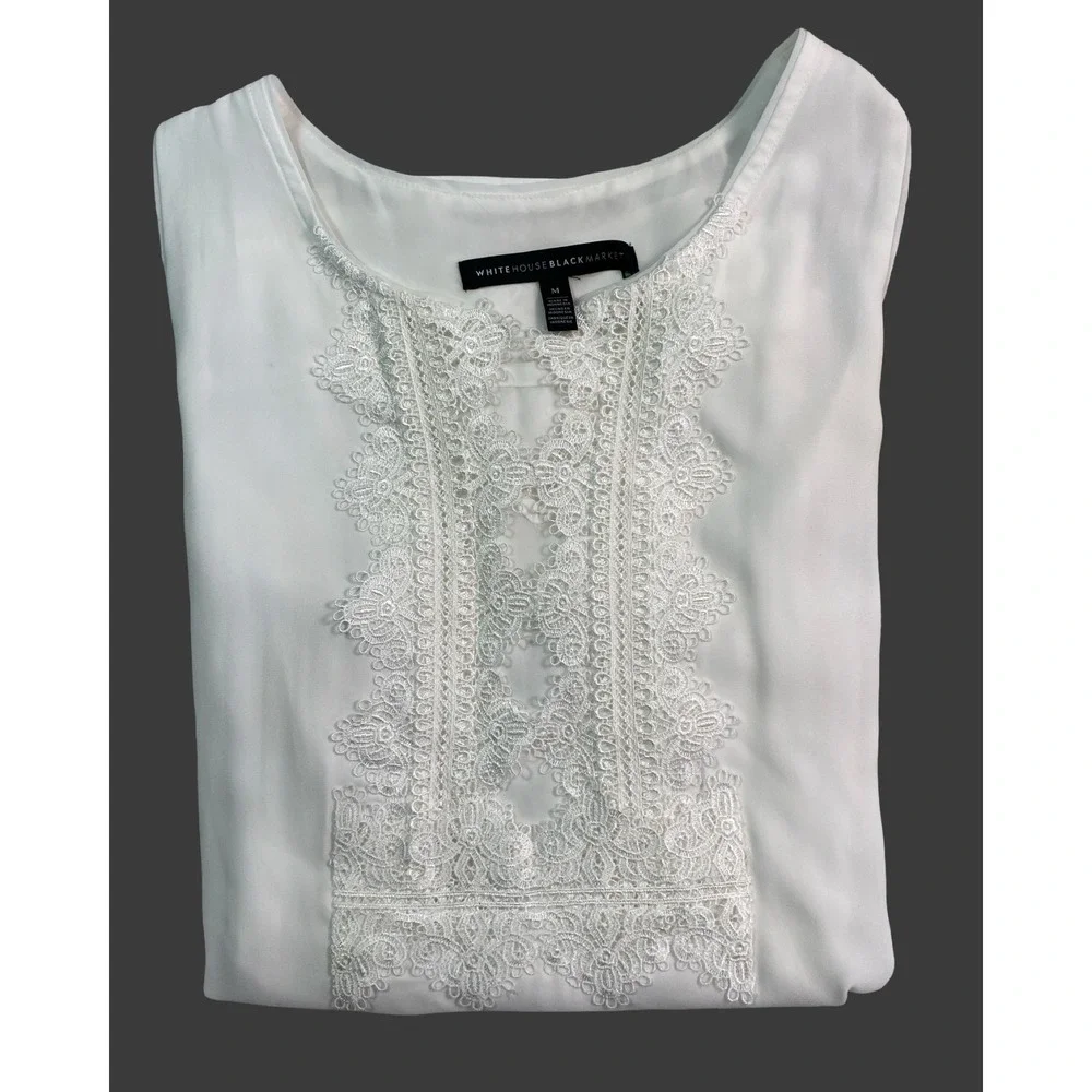 White House Black Market White Lace Sleeveless Blouse Top Medium Boho Chic - Picture 6 of 9